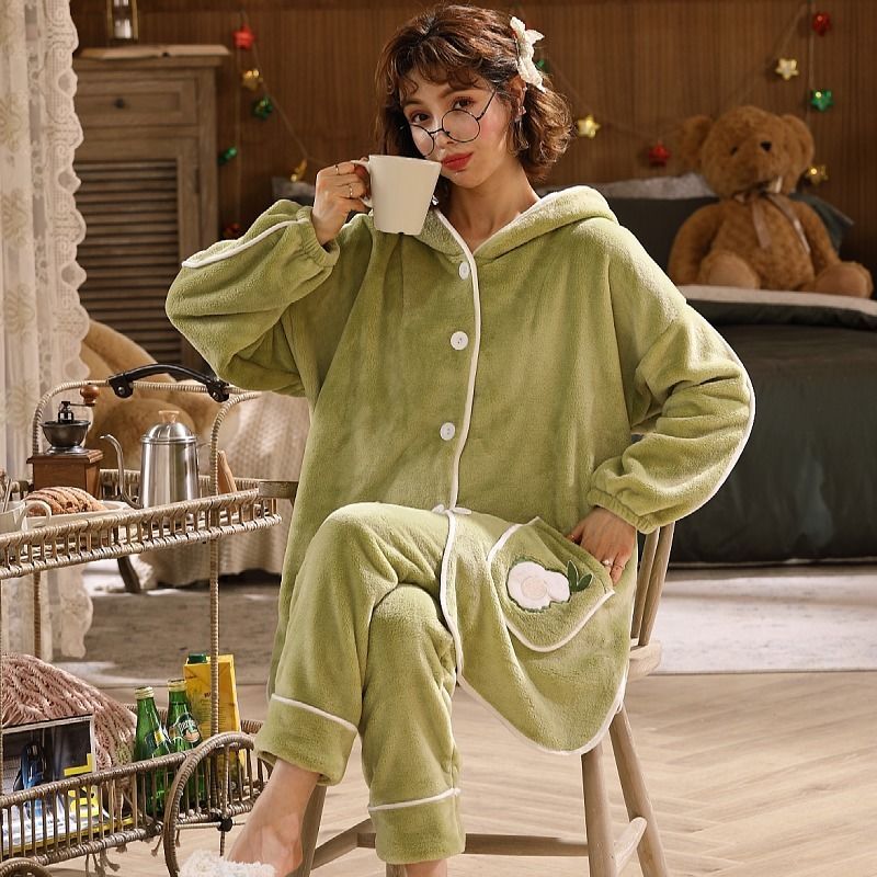 パジャマ ネグリジェ 上下セット レディース ルームウェア フード付き ナイトウェア 着ぐるみパジャマ 部屋着 裏起毛 セットアップ 厚手 コーラルフリース 寝間着 フランネル