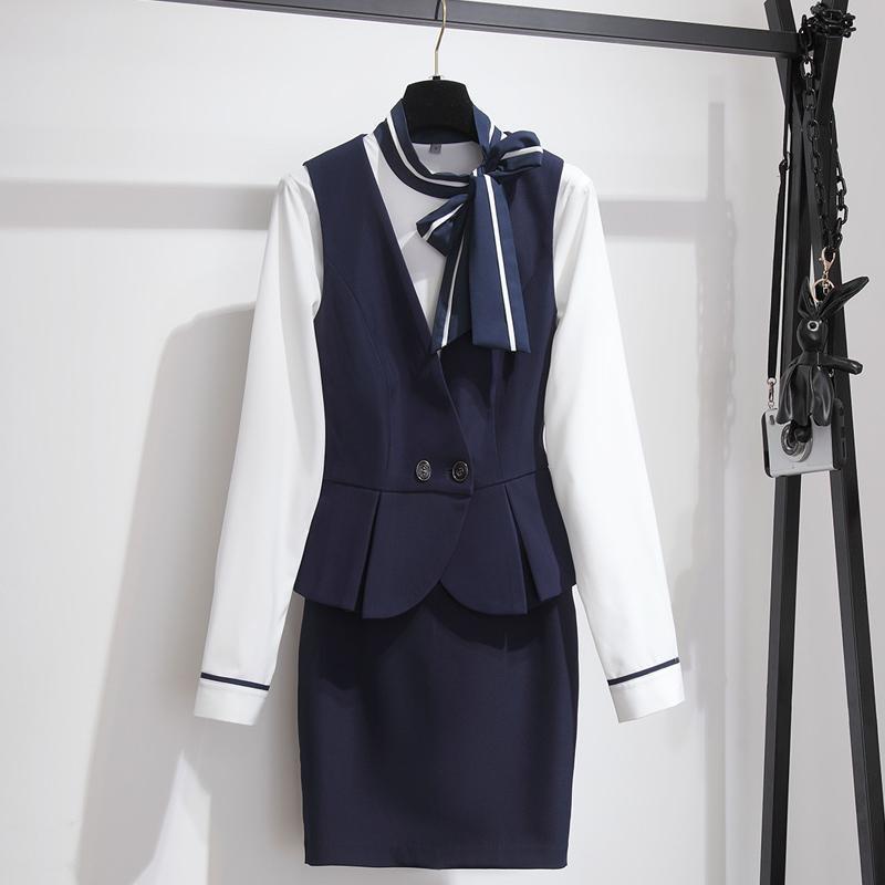 レディースベストセット 秋冬 ネイビー 3点セット Vネック ホテルフロント・美容師用作業服
