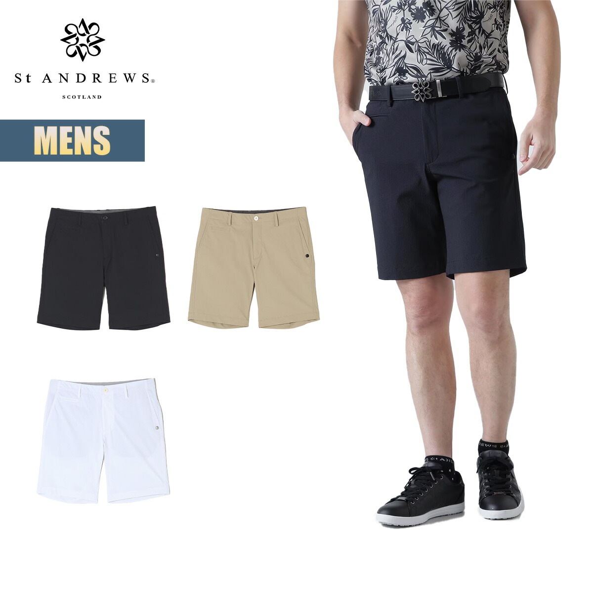 ショートパンツ メンズ サッカーストレッチショートパンツ ゴルフウェア ゴルフパンツ ボトムス ブラック ホワイト ベージュ シンプル 伸縮 042-4132551