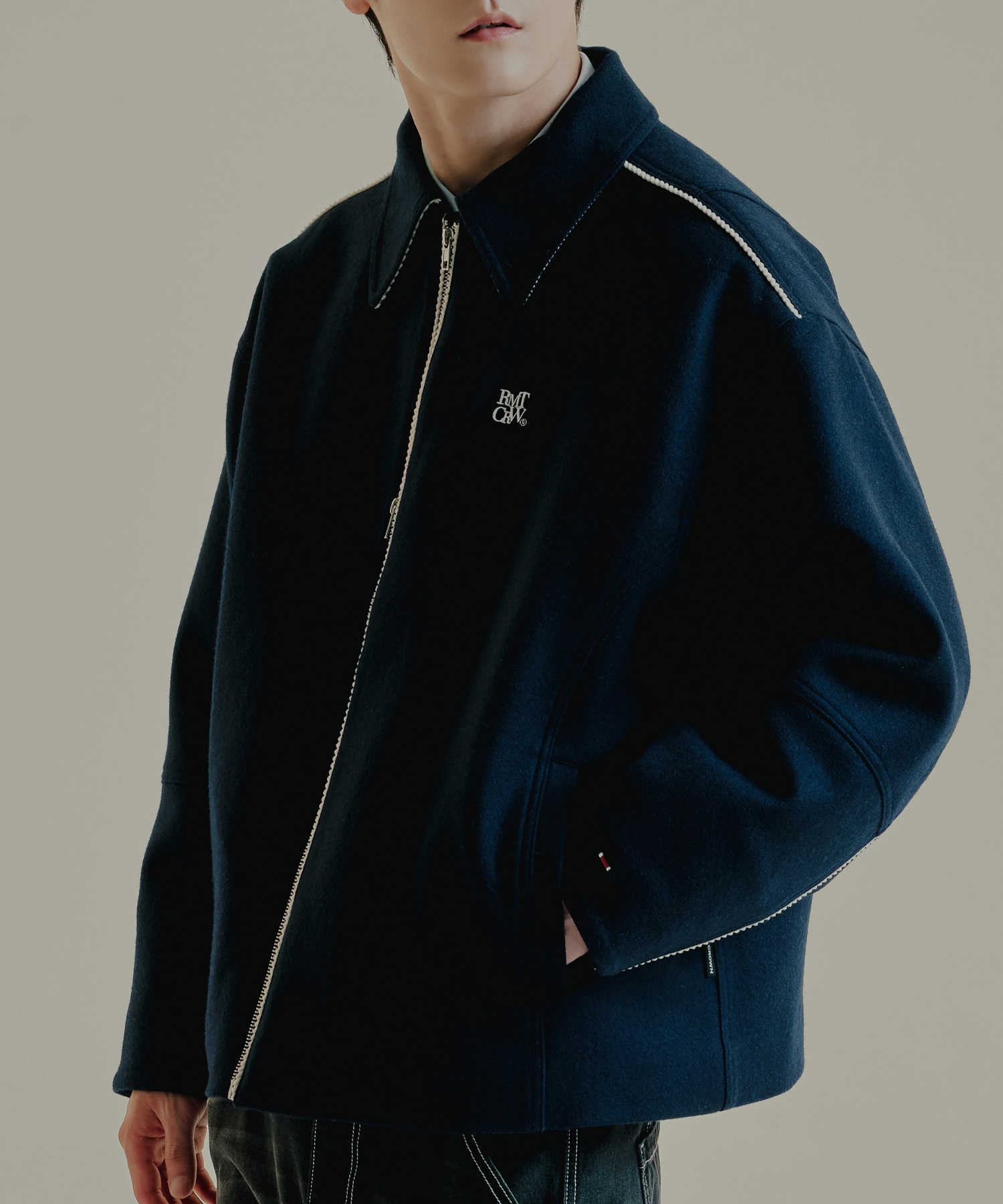 ロマンチッククラウンウールパイピングバイカージャケット_ネイビー