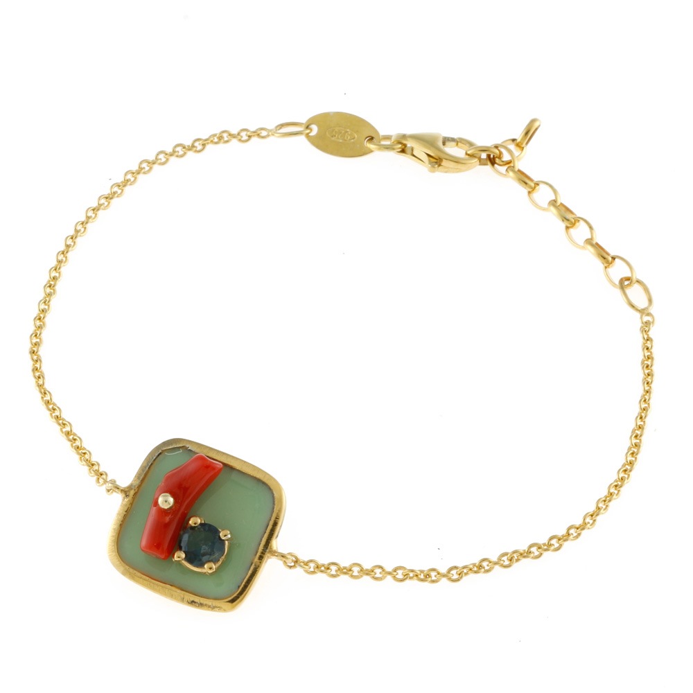 イタリー製 金メッキ 18金仕上げ エナメル ブレスレット シルバー925 サンゴ トルマリン 新品