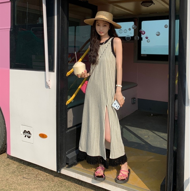 【1つ買うと10つ無料】夏休み風の高スプリットランナー長い垂直ストライプニットベストスカートラウンドネックノースリーブドレス 59,280円