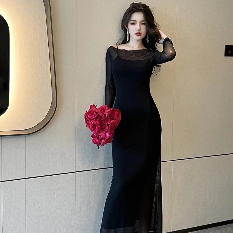 キャミワンピース＋透明シルクカバー 結婚式 キャミワンピース フォーマル 二次会 ロングワンピース 披露宴 演奏会 パーティードレス 同窓会 フランス風 秋 2セット 卒業式