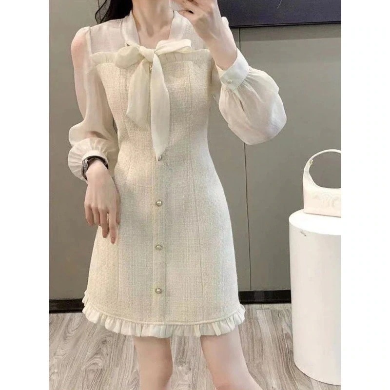 2025 秋冬レディースアプリコットカラーワンピース プリーツ風