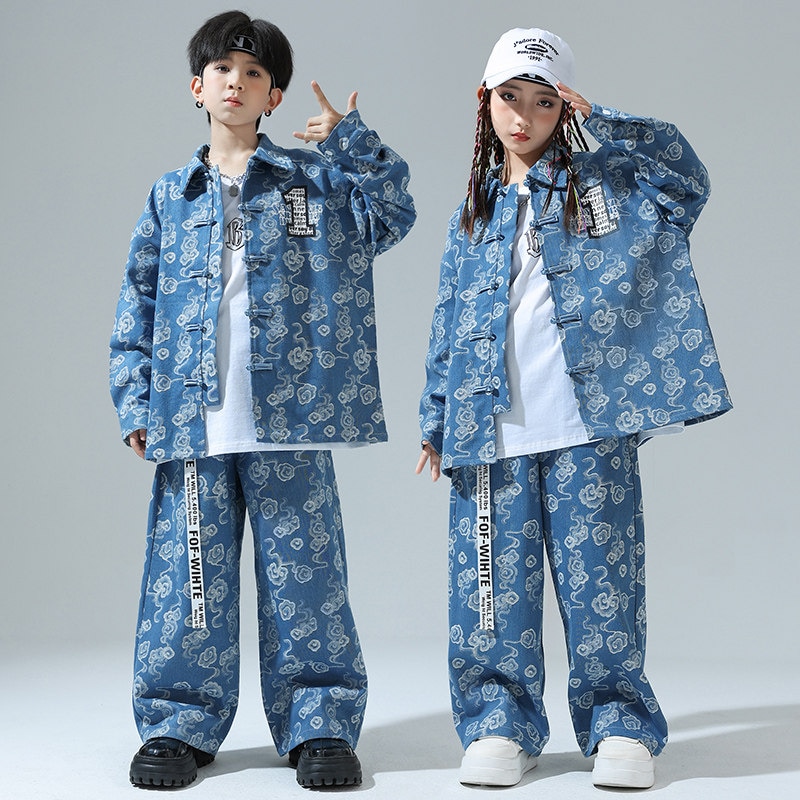 2026年初の販促ダンス衣装 デニム セットアップ キッズダンス衣装 セットアップ ダンス ヒップホップ トップス パンツ デニムシャツ デニムパンツ キッズ チアガール ジーパン 男の子 女の子 ダ