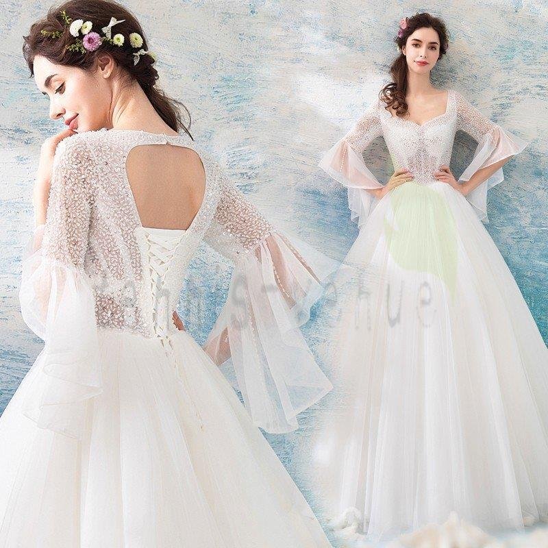 ウェディングドレス 結婚式 白 袖あり 大きいサイズ パーティー 花嫁 ドレス 姫系 披露宴