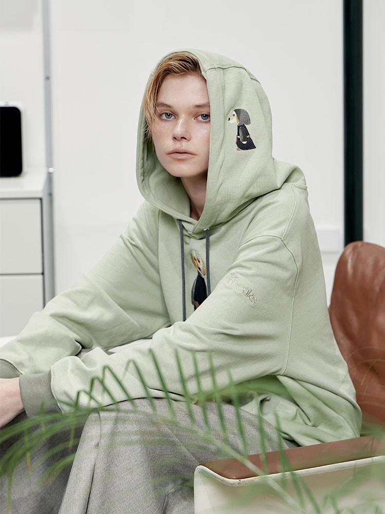 강아지 자수 유니섹스 면 쭈리 후드 맨투맨_민트