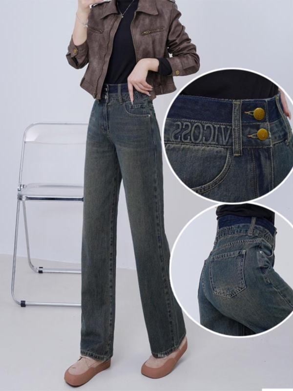 レディース ファッション カジュアル おしゃれ ダブルブレスト ストレート レッグ ジーンズ 秋冬 スリム ステッチ 文字 ハイウエスト ワイドレッグ パンツ