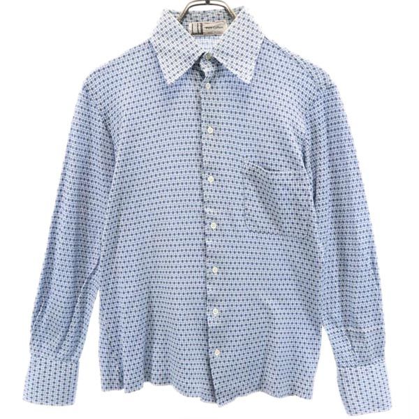 80s ヴィンテージ イタリア製 総柄 長袖 シャツ ホワイト×ブルー メンズ