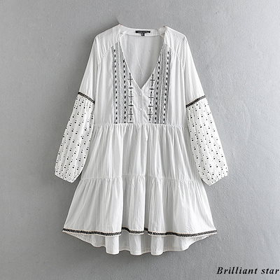 欧米風2019夏 刺繍のチュニックワンピース/Ｖネック/...のサムネイル
