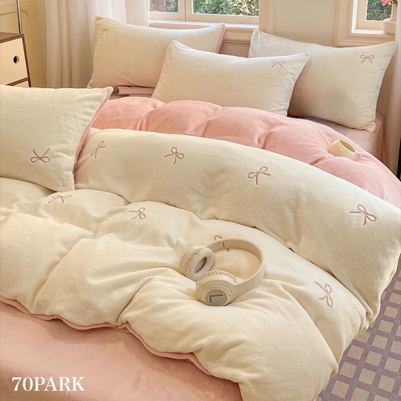 リボン 刺繍 ツートン ミルク ベルベット 冬用 布団カバーセット 全2色 ベッドカバー シングル ダブル クイーン ベッドリネン ぬくぬく おしゃれ 韓国インテリア 70PARK