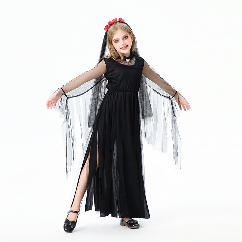 ハロウィンの子供用コスチューム女の子ダークデビルゴースト花嫁ロングドレスヴァンパイア魔女ヨーロッパとアメリカの面白いパフォーマンスコスチューム