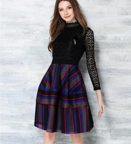 1380.レースストライプドレス（パープル） 2019 春夏 sale パーティー お呼ばれ レストラン フォーマル イベント