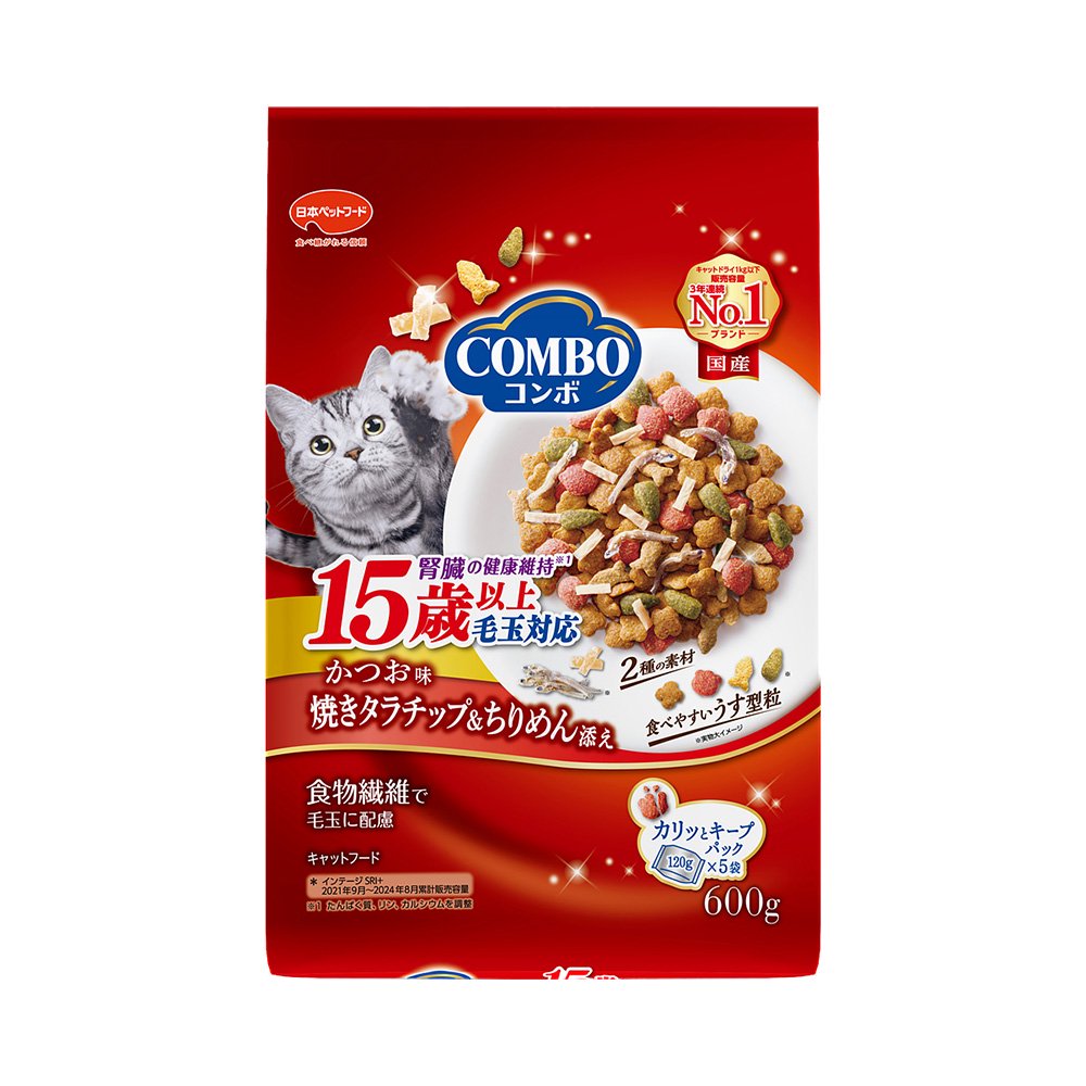キャットフード　コンボ　毛玉対応　１５歳以上　かつお味・焼きタラ・ちりめん添え　６００ｇ（１２０ｇX５袋）　超高齢猫用　１２袋　ＣＲＣ35―15―60―30―00