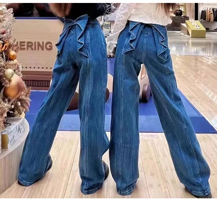 デニムパンツ BACKリボン ハイウエストデニムワイドパンツ ストレート デニムパンツ レディース 韓国 ジーンズ デニム カジュアル お洒落 レトロ シンプル ハイウエスト きれいめ バックリボン 6,654円