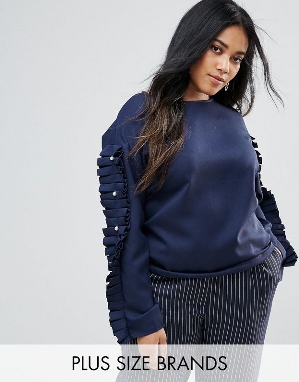 Unique 21 Hero レディース 大きめサイズ ゆったりサイズ 送料無料 Navy Boat Neck Top With Ruffle And Pearl Sleeves 7,427円