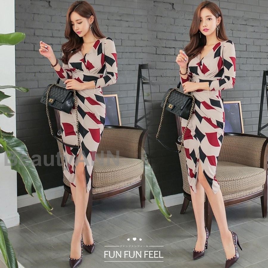 ワンピース レディース 40代 きれいめ 膝丈ワンピース 春 夏 七分袖ワンピース Vネック スリット タイトスカート オシャレ韓国風 OL 大人上品 30代 着痩せ ロングワンピース カジュアル ワ