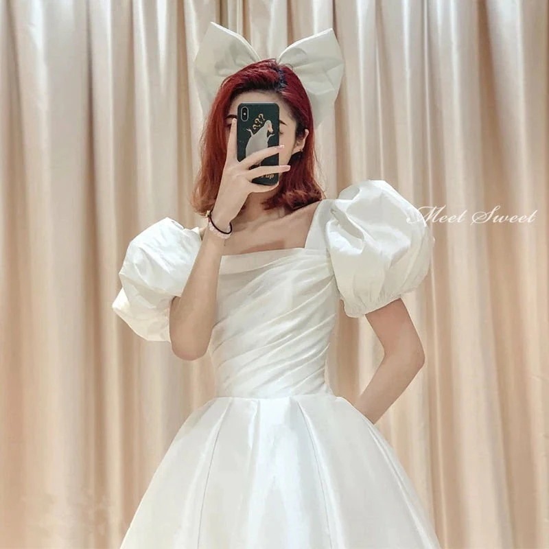 カラー変更＆サイズオーダー可能 ウェディングドレス プリンセスラインドレス ミモレ丈 パフスリーブ ウエディングドレス 二次会ドレス 花嫁ドレス パーティードレス 披露宴 ブライダルドレス 結婚式