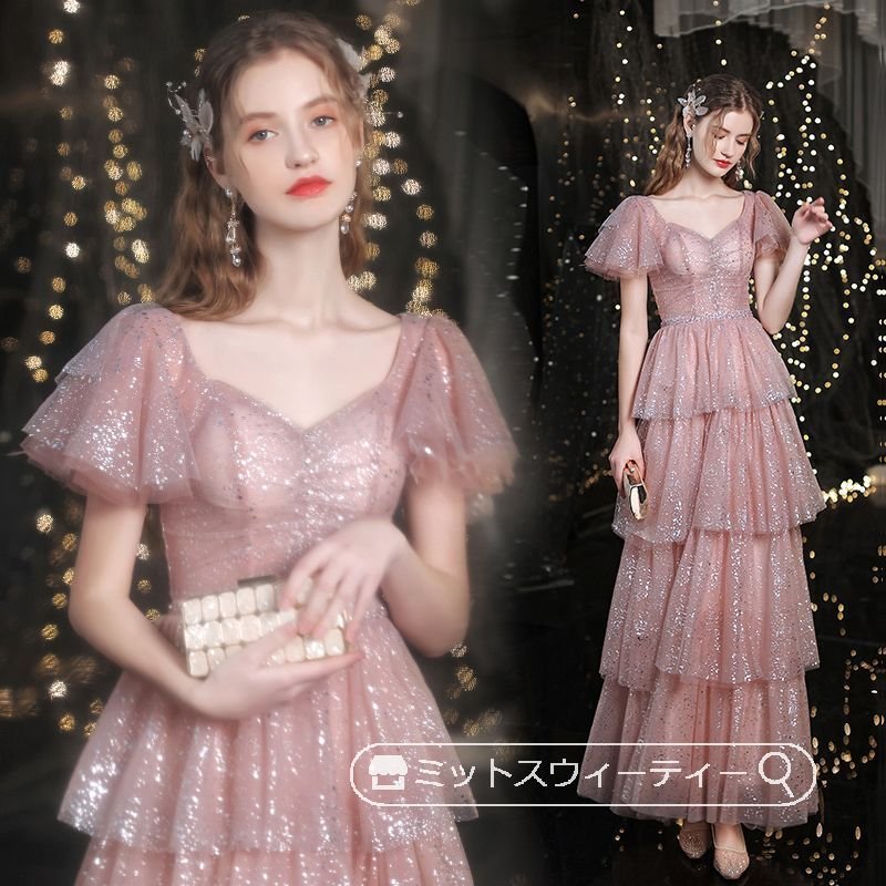 カラードレス 演奏会用ドレス 発表会 ピアノ ロングドレス Aライン ピンク ティアードドレス カス