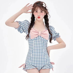 水着 レディース 体型カバー 競泳 S 格子縞ののかわいい女の子半袖薄いストラップバックレスの女の子スパワンピース水着女性 韓国ファッション