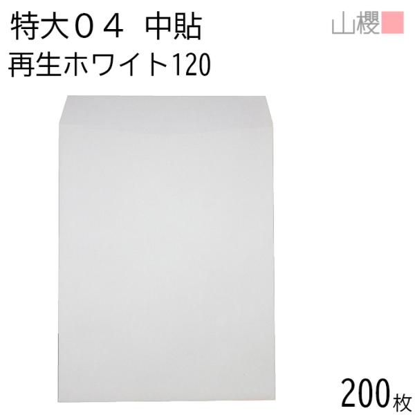 [ケース販売] 山櫻 封筒 特大04 中貼 ホワイトR40CoC 紙厚120g 枠ナシ 200枚 / 大型 340×445mm A3用 再生 白 無地 郵便番号枠なし 00569017-0200