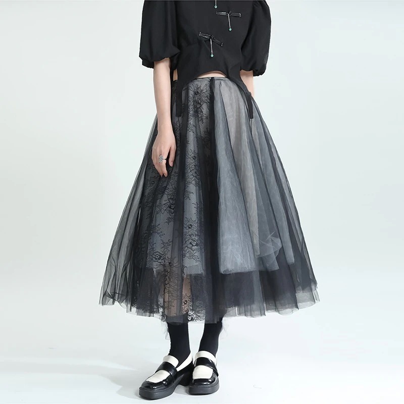 【J.Fashion】 レーススカート ロング丈 五層 ドッキング プリーツ Aライン 大きい裾 サテン 多層スカート メガ割30%までに制限