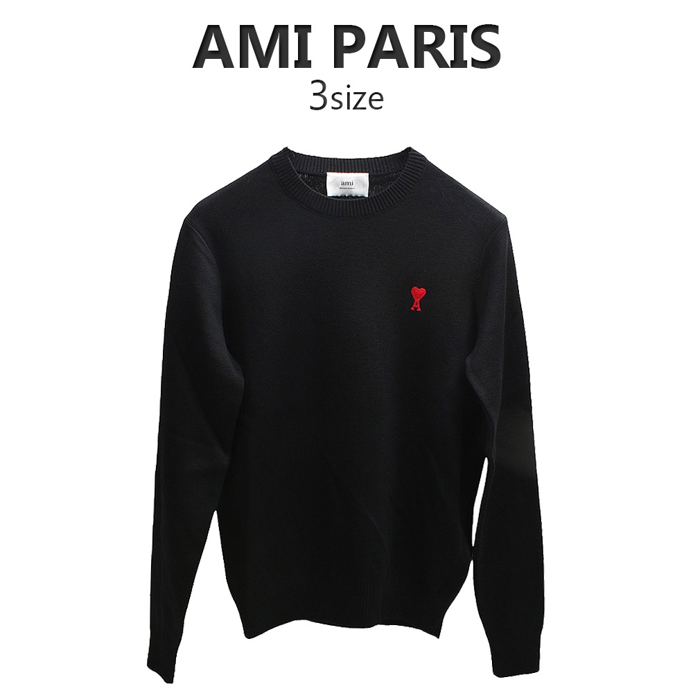 アミパリス AMI PARIS ニット セーター BFHKS001 RED ADC ROUND NECK SWEATER ブラック ウール ハートロゴ 刺繍 クルーネック 001 S M L XL