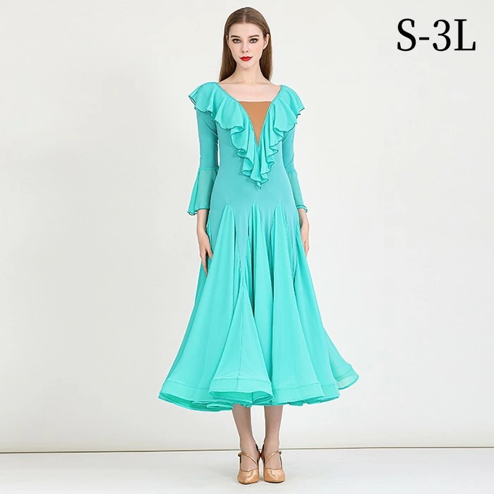 『目玉新商品』社交ダンスドレス モダンドレス 緑 社交ダンス衣装 社交ダンス ドレス 衣装 長袖 大きい裾 スタンダードドレス ワルツダンス ワンピースドレス ステージ衣装 ダンス衣装 ダンスウェア