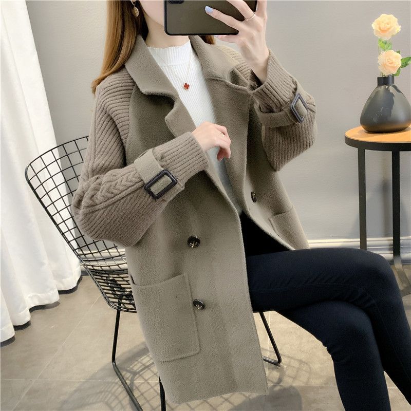 秋と冬の女性の摩耗ウールのウールコートはゆるくて汎用性の高いスプライシング編み二腹のスーツ襟両面ツイードコート