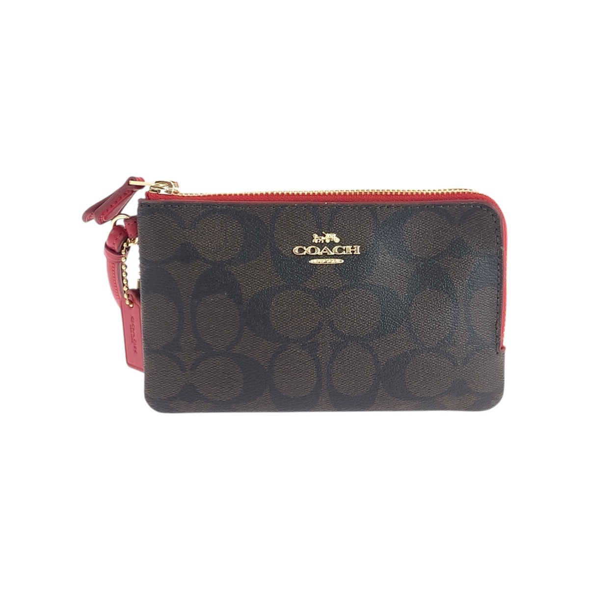 美品 シグネチャー ブラウン レッド ゴールド金具 PVC/レザー F87591 ポーチ 小物入れ レディース 504222