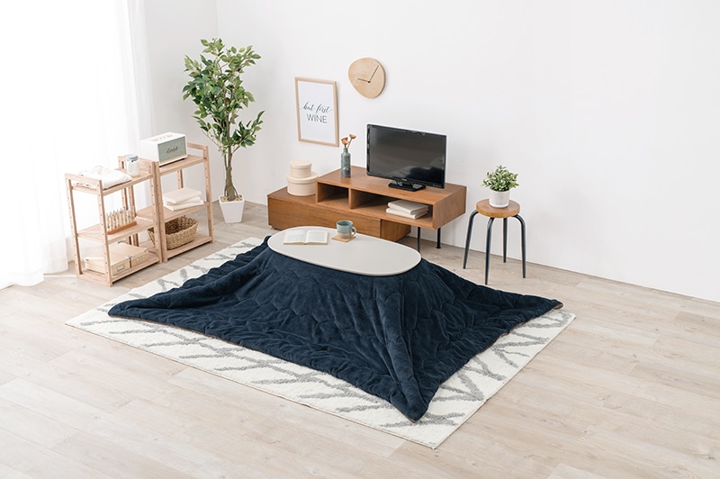 こたつセット こたつ うす掛布団 2点セット ホワイトウォッシュ/ネイビー 90x50cm 木目調 楕円 省スペース 折りたたみテーブル リビングテーブル オールシーズン コタツ