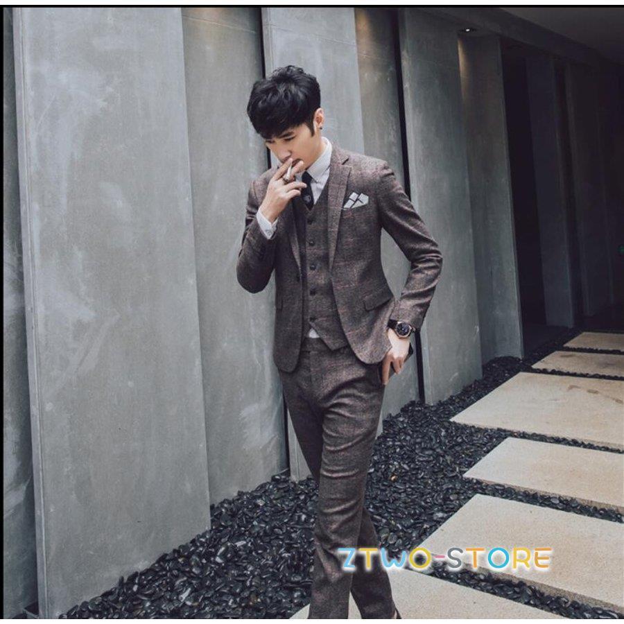 秋春新作 メンズ ビジネススーツ　結婚式 3点セット スリムカジュアル　紳士着 チェック スタイリッシュ セットアップ 無地 フォーマル オフィス 通勤 スーツ 8,702円