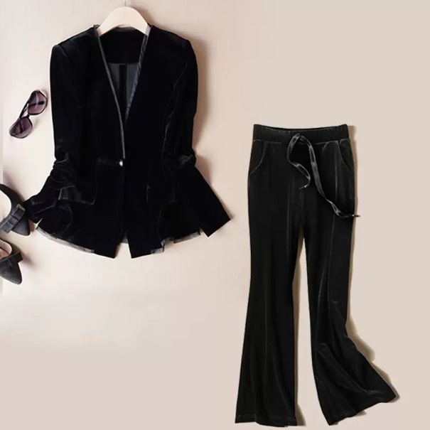 セットアップ 長袖 Vネック デザイン ボタン ウエストゴム 美ライン ニュアンス 伸縮性 ドローコード ベロア 2点セット ツーピース お得 2点セット スタイルアップ モノトーン かわいい 12,482円