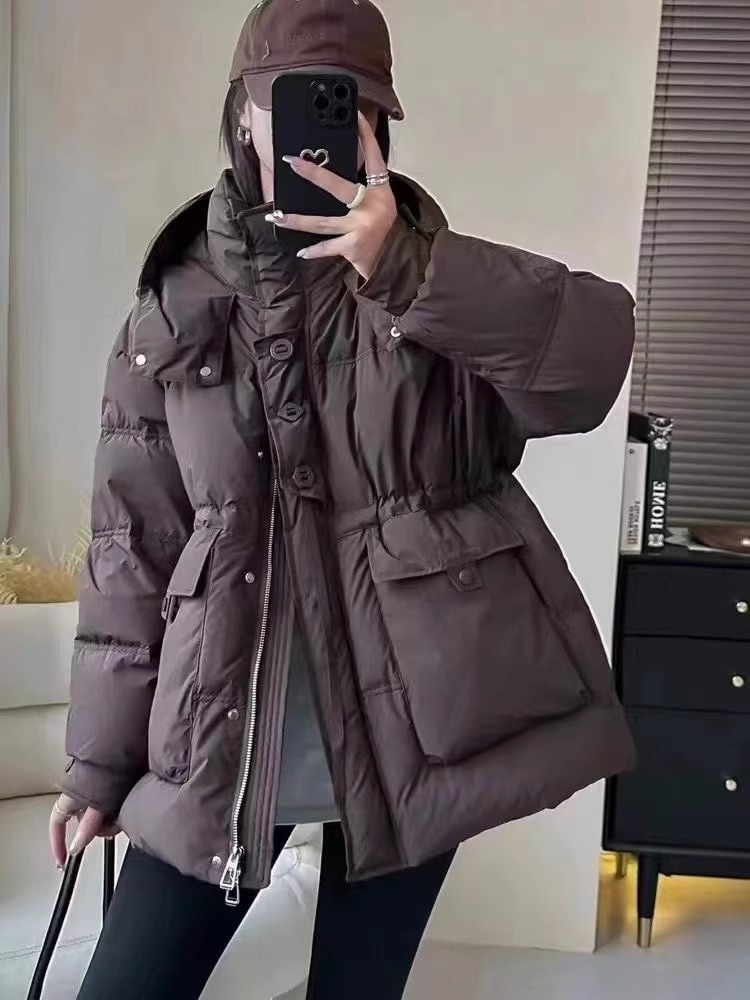 冬の新作連帽小柄ファッションウエストを収めて痩せて見える厚手の白いアヒル毛の保温ダウンジャケット女性コート
