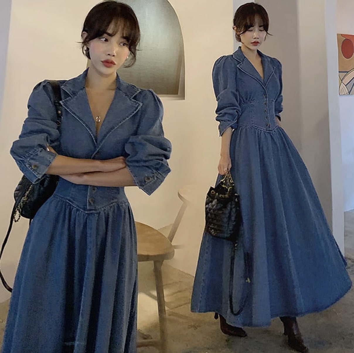 デニムワンピース シャツワンピ ワンピース シャツ ロング ロング丈 長袖 ボリューム袖 Vネック デニム ブルーデニム 大人可愛い きれいめ シンプル カジュアル 上品 かっこいい 大人女子