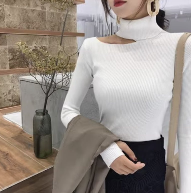 トップス ニットソー セーター ミディアム丈 ミドル丈 袖あり 長袖 ハイネック タートルネック ワンショルダー ワンショル スリム タイト 細身 プルオーバー ニット かわいい きれいめ シンプル