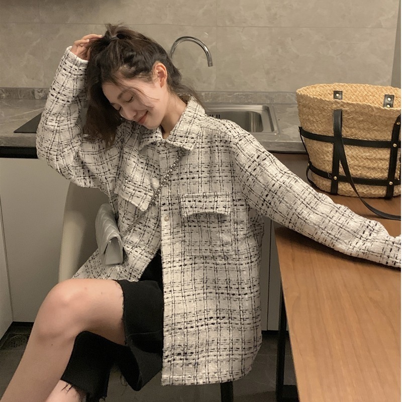 トップス シャツ ブラウス 袖あり 長袖 ドロップショルダー 襟付き シャツカラー デザイン ボタン オーバーサイズ ビッグシルエット 美ライン パール 前開き ツイード かわいい 大人可愛い