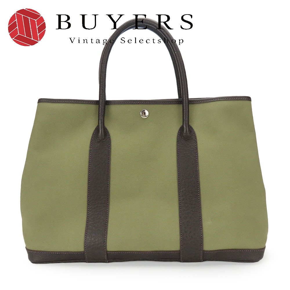 中古 トートバッグ ガーデンパーティPM キャンバス レザー カーキ ブラウン シルバー金具 F刻印 カジュアル 普段使い レディース メンズ