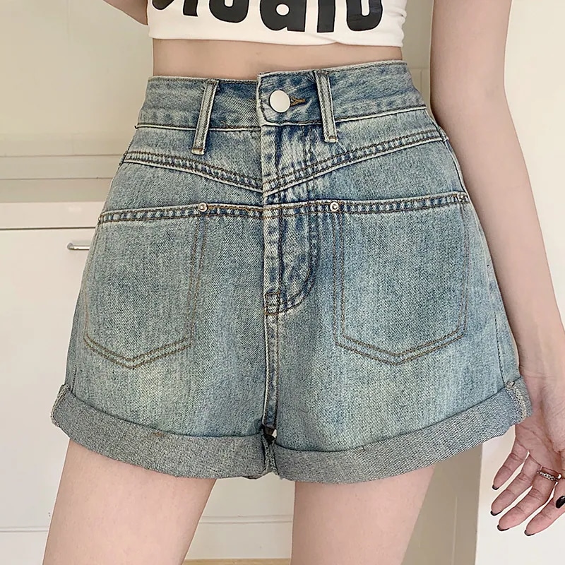 レディースアメリカンスタイルデニムショートパンツ2025年春夏の新スタイルハイウエストスリミングゆったりワイドレッグAラインロールアップヘムブルー