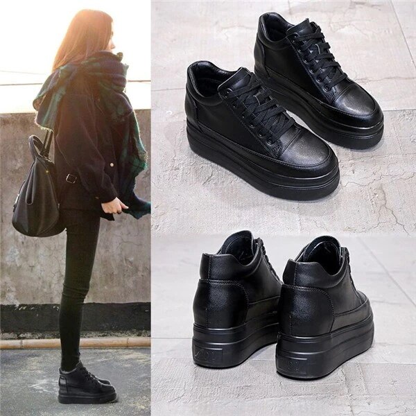 新品1つ買うと10個無料ウェッジソール 真っ黒 新作 7CM身長UP シーットシューズ 身長アップスニーカー 厚底