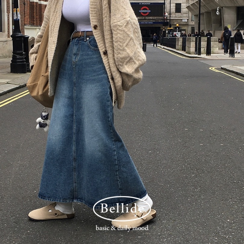 [MADE] デルトスリットマキシロングデニムスカート sk1140