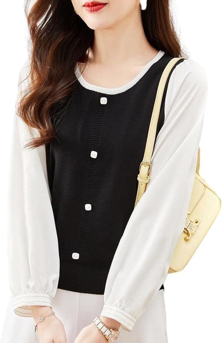 バイカラーニットトップス 10分袖 パフスリーブ 丸首 飾りボタン トップスレディース おしゃれ 服装 トレンド レギュラー丈 コーディネート ふんわり袖 オシャレ(ブラック, M)