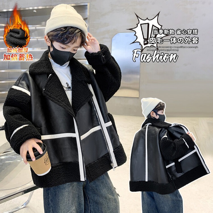 ボーイズレザーコートプラスベルベットと厚みのある冬2024年新作子供用ラムベルベットの毛皮コート大きな子供ハンサムトレンディな冬服