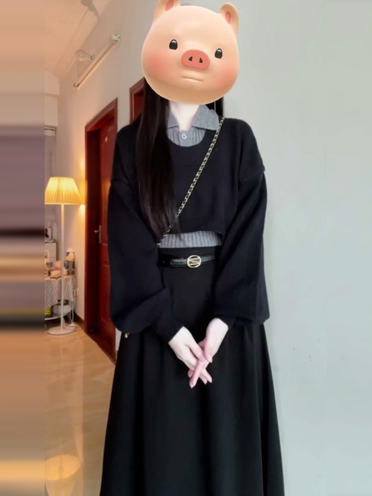 晩秋韓国風レディース秋冬高級カレッジ風ブラックワンピーススリーピーススーツ一式