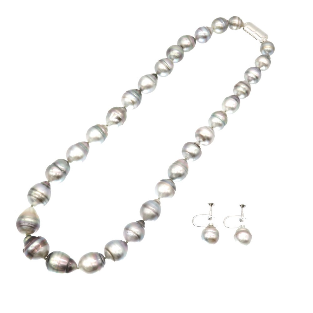 美品 タヒチ バロックパール ネックレス / イヤリング セット ネックレス パール/K14ホワイトゴールド/ダイヤ 0.04ct シルバー 0116【中古】 レディース
