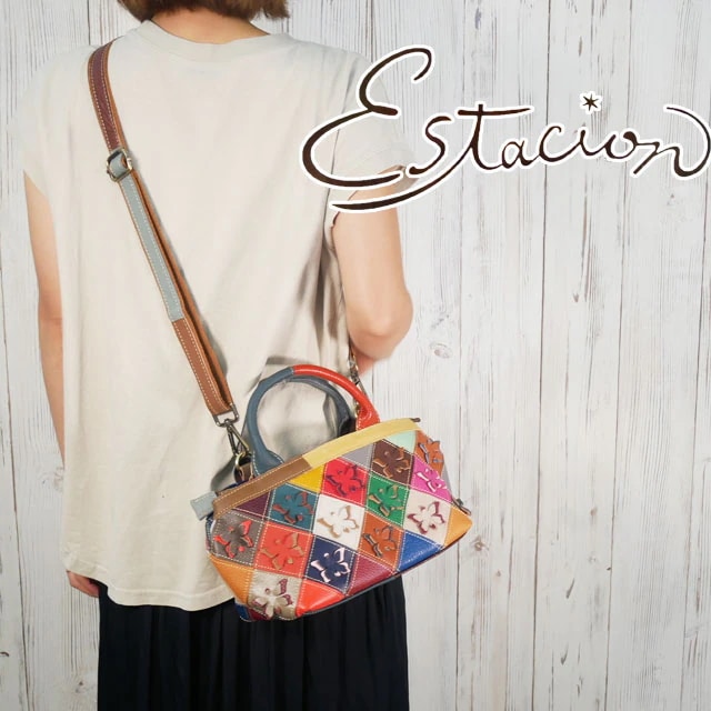 エスタシオン Estacion ショルダーバッグ レディース ハンドバッグ 本革 斜め掛け 肩掛け 手持ち 蝶々 ちょうちょう パッチワーク ハンドメイド カラフル ファスナー 746B 2