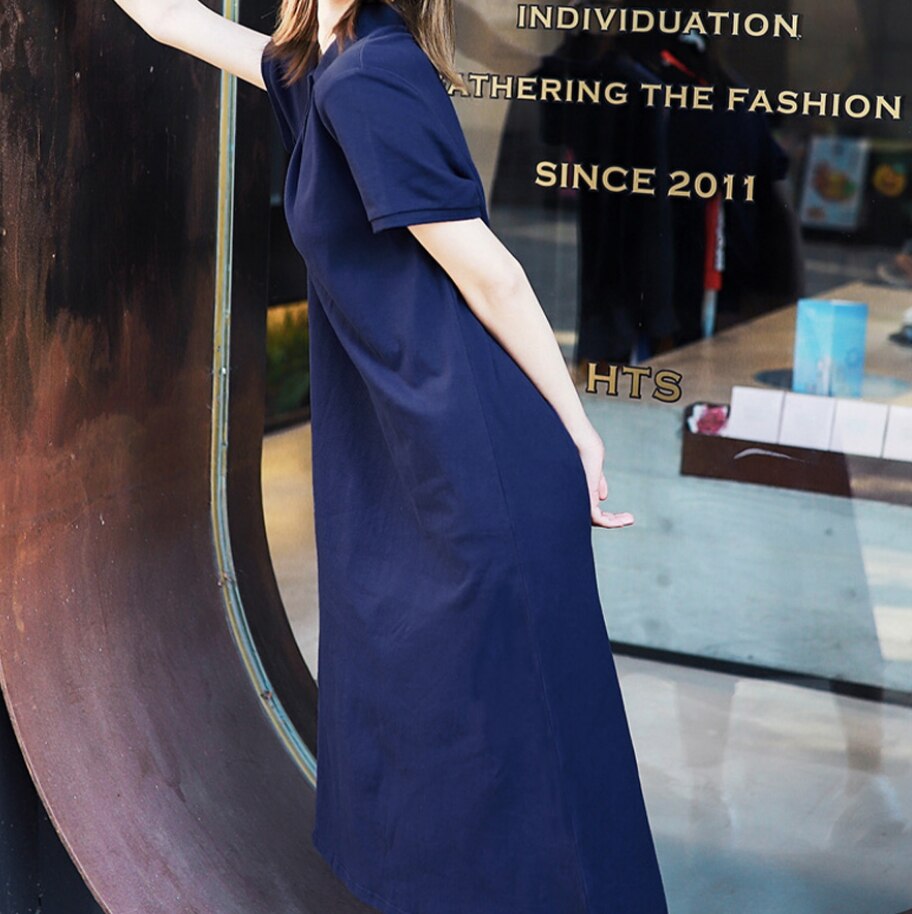 ワンピース 膝丈 ひざ丈 袖あり かわいい 大人可愛い きれいめ シンプル カジュアル 大人 上品 ポロシャツ 半袖 無地 春夏 フレア ロング丈 休日 旅行 アウトドア ネイビー 2XL 3XL