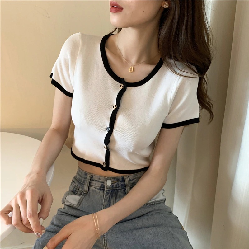 カットソー カーディガン ニットソー ショート 半袖 クルーネック 細身 タイト クロップド バイカラー かわいい 大人可愛い きれいめ シンプル エレガント 春 夏 デート お出かけ 韓国