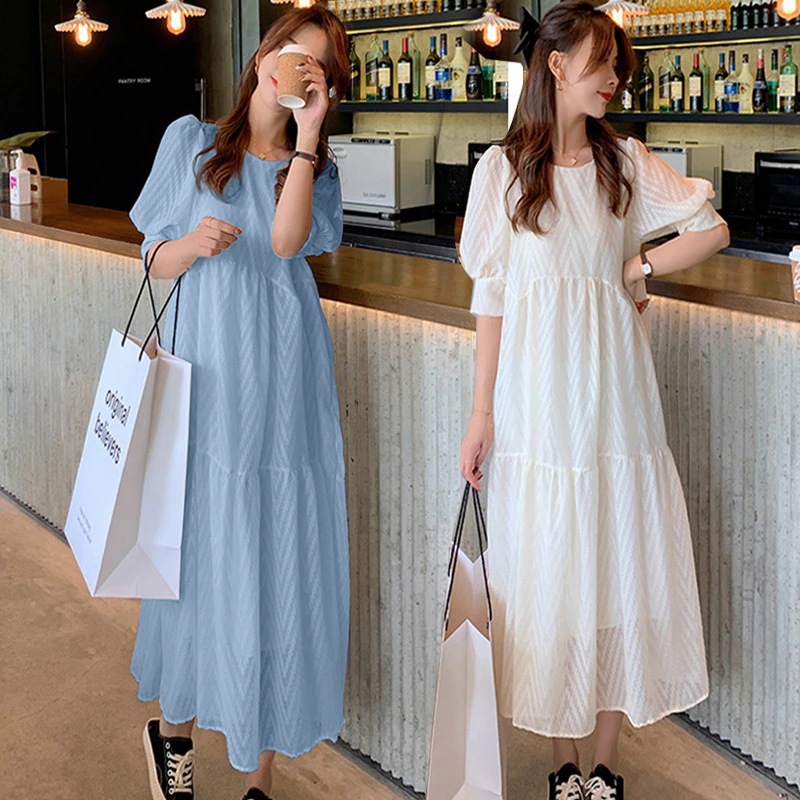 パフスリーブワンピース ワンピース フレアワンピース ロング ロング丈 袖あり 半袖 パフスリーブ ラウンドネック フレア ポリエステル かわいい 大人可愛い きれいめ シンプル カジュアル 大人