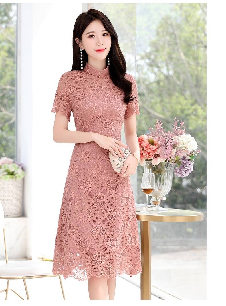 総レースチャイナ風ワンピース レディース フレア ハーフスリーブ ひざ丈 膝下 袖あり 半袖 ハイネック Aライン 透け感 ポリエステル かわいい 大人女子 きれいめ シンプル 上品 おしゃれ